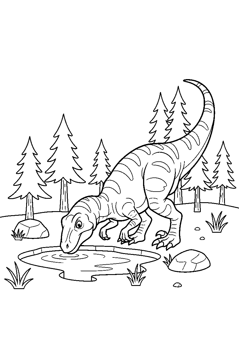 velociraptor dinosaur drinking water in a pine forest line art