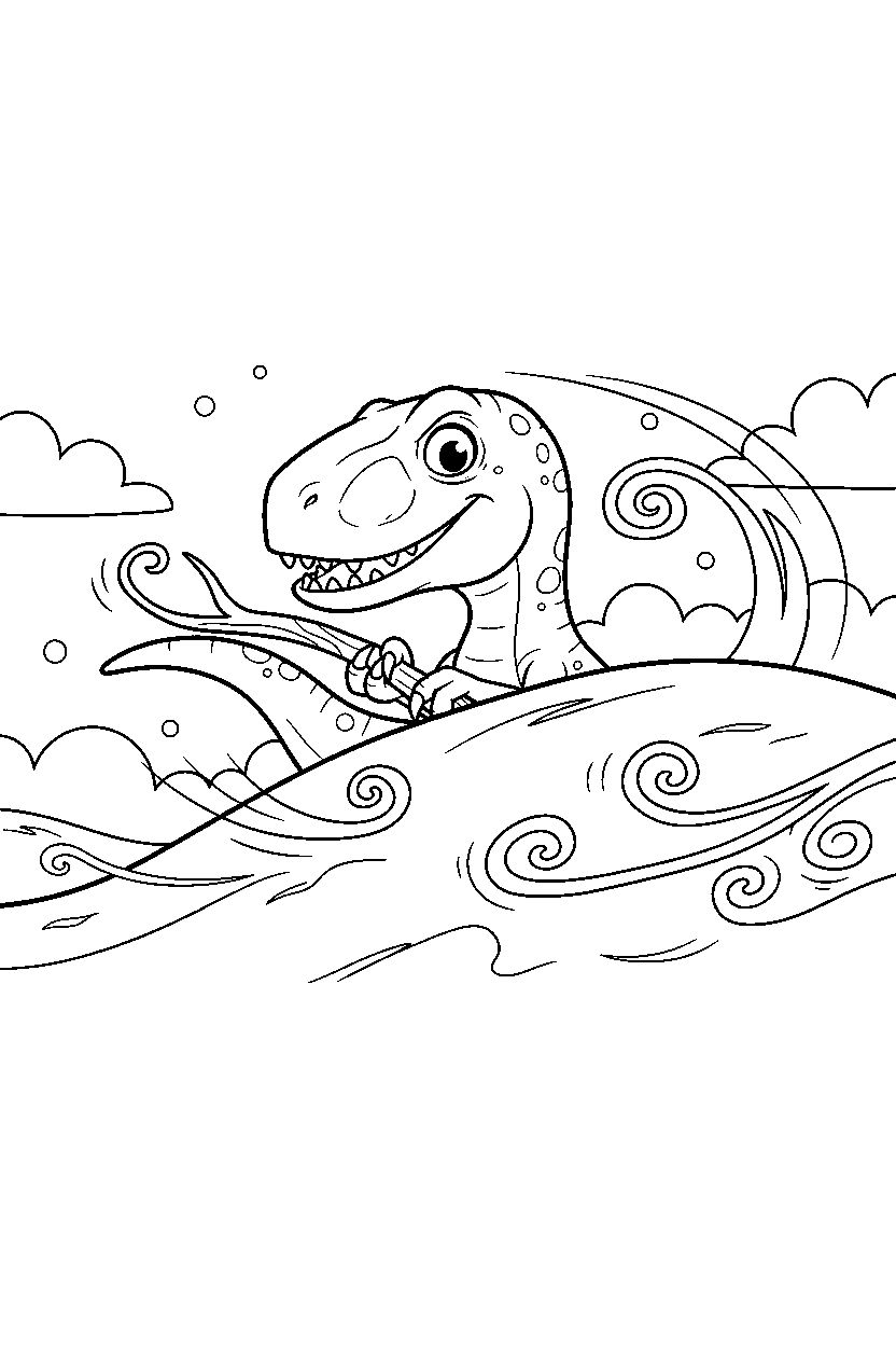 velociraptor dinosaur hiding playfully on a windy hill line art