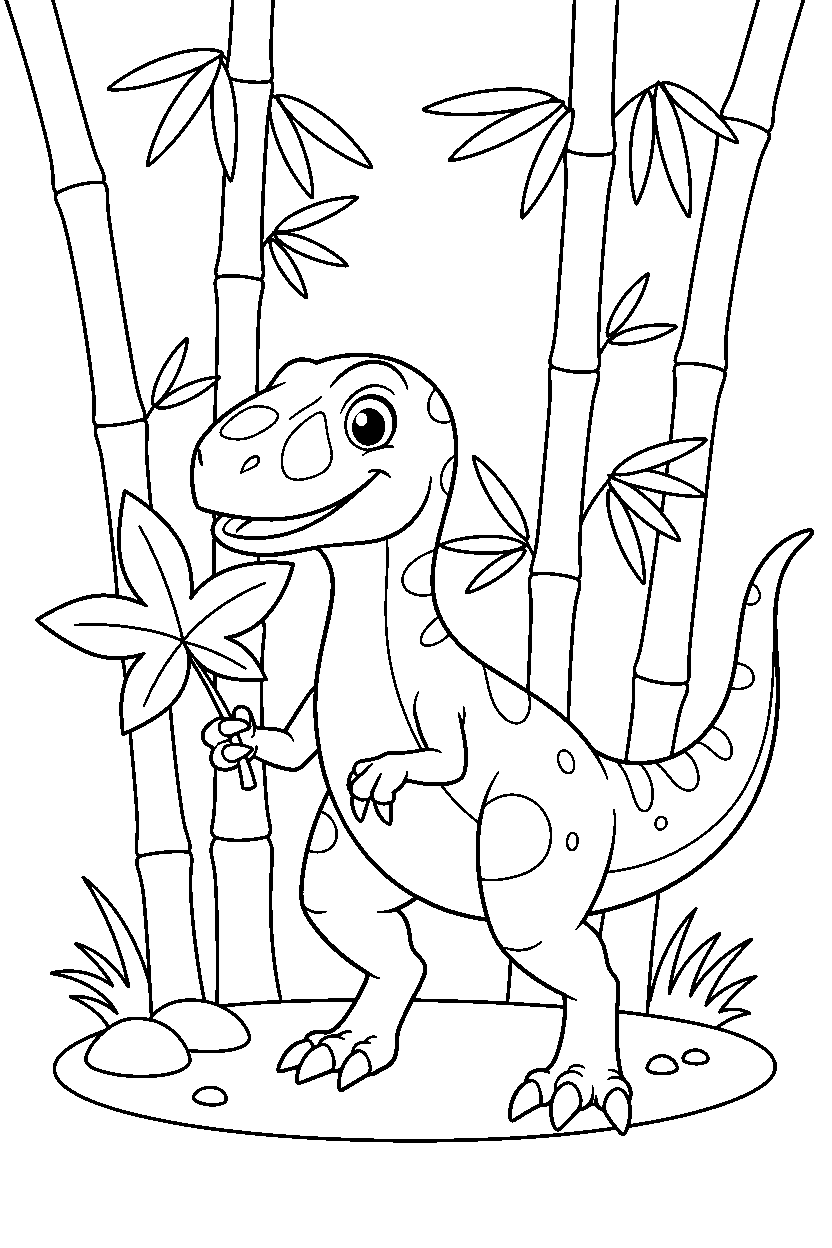 velociraptor dinosaur holding a leaf in a bamboo forest line art