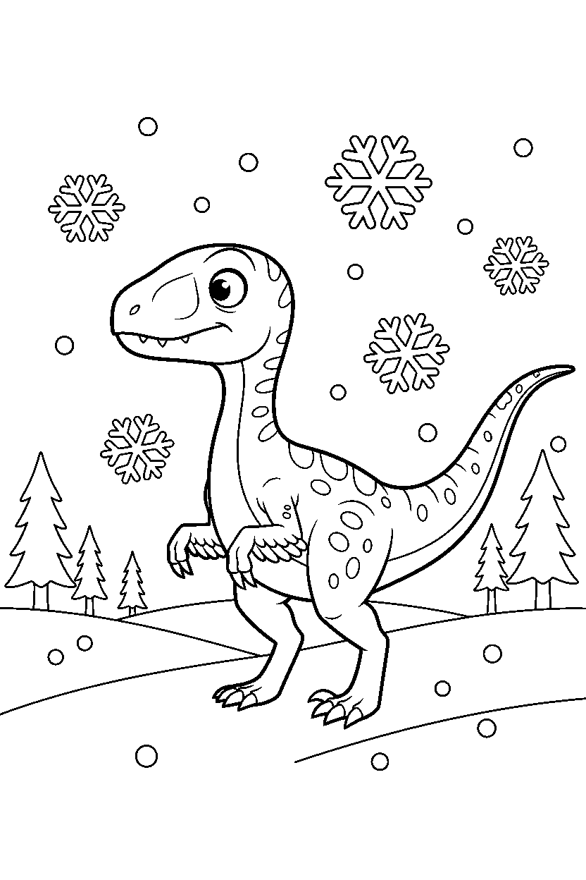 velociraptor dinosaur looking around curiously in a snowy land line art