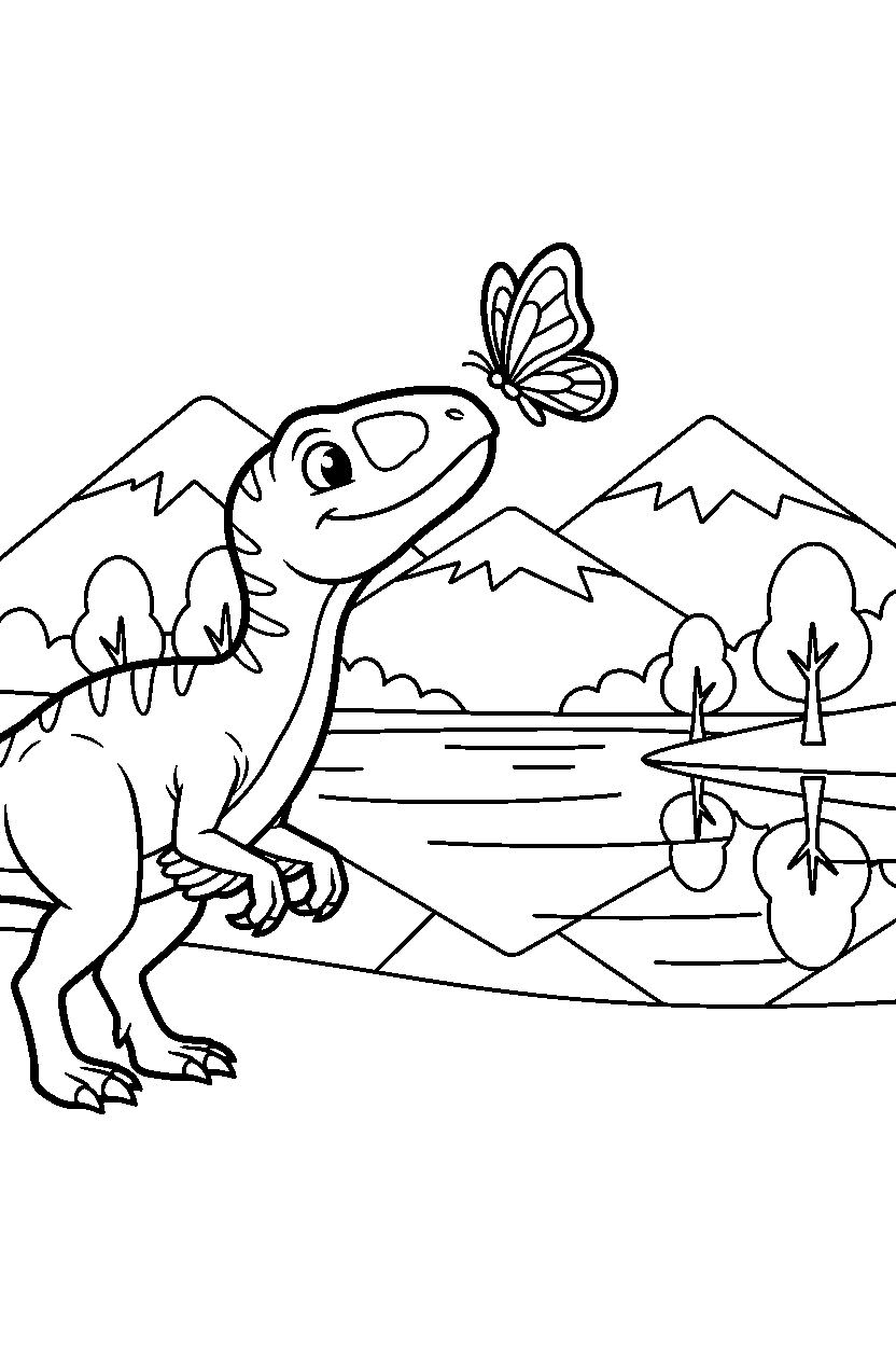 velociraptor dinosaur looking at a butterfly near a mountain lake line art