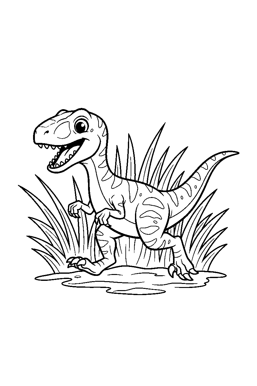 velociraptor dinosaur running happily near tall grasses line art