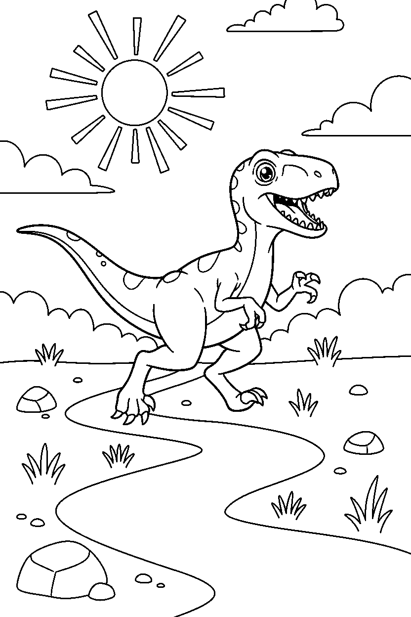 velociraptor dinosaur running happily on a dirt path line art