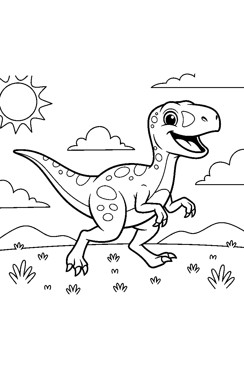 velociraptor dinosaur running happily on a grassy plain line art