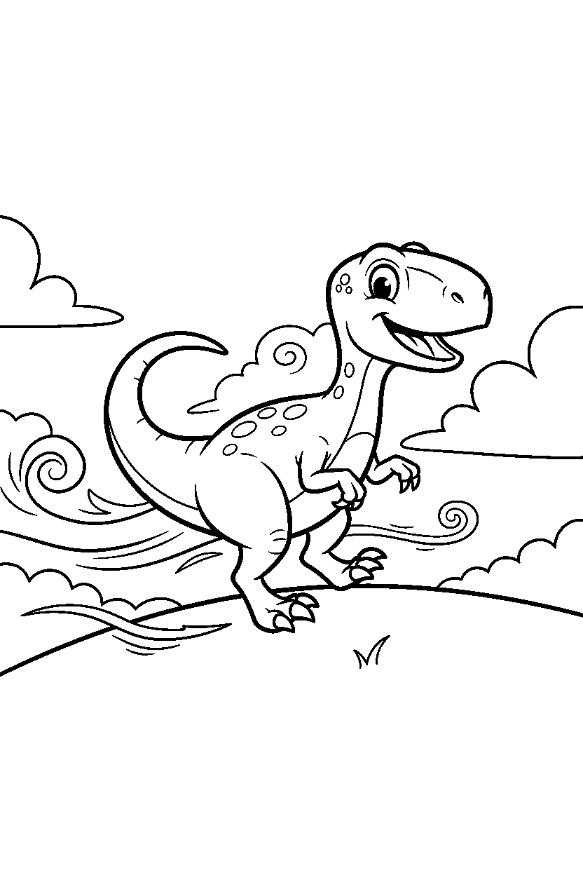 velociraptor dinosaur running playfully on a windy hill line art