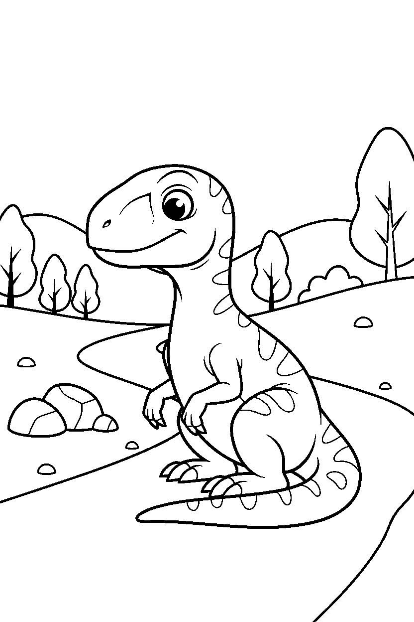 velociraptor dinosaur sitting calmly on a muddy trail line art