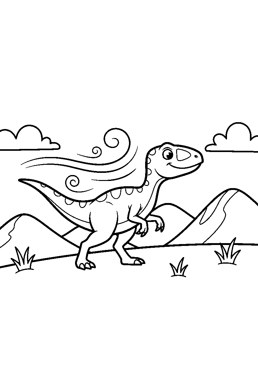 velociraptor dinosaur wandering curiously on a windy hill line art