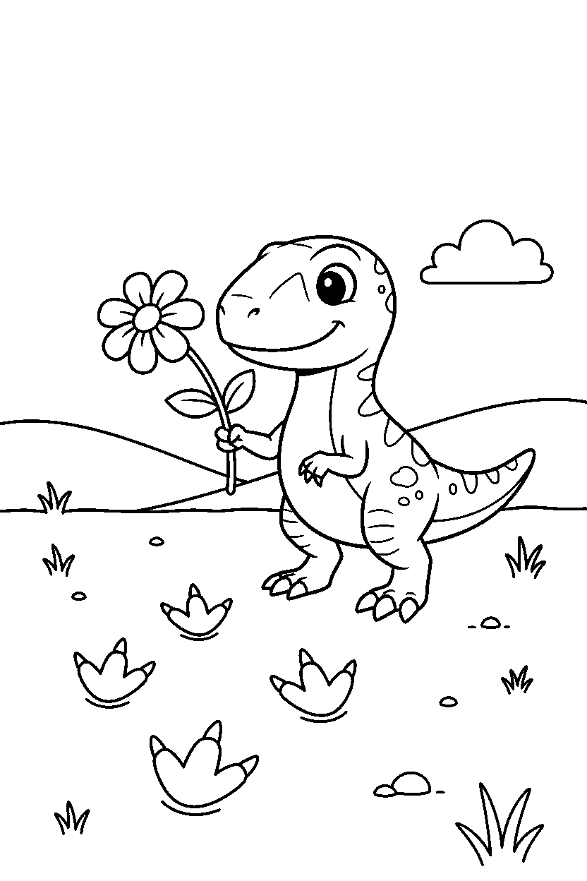 velociraptor holding a flower near dinosaur footprints line art
