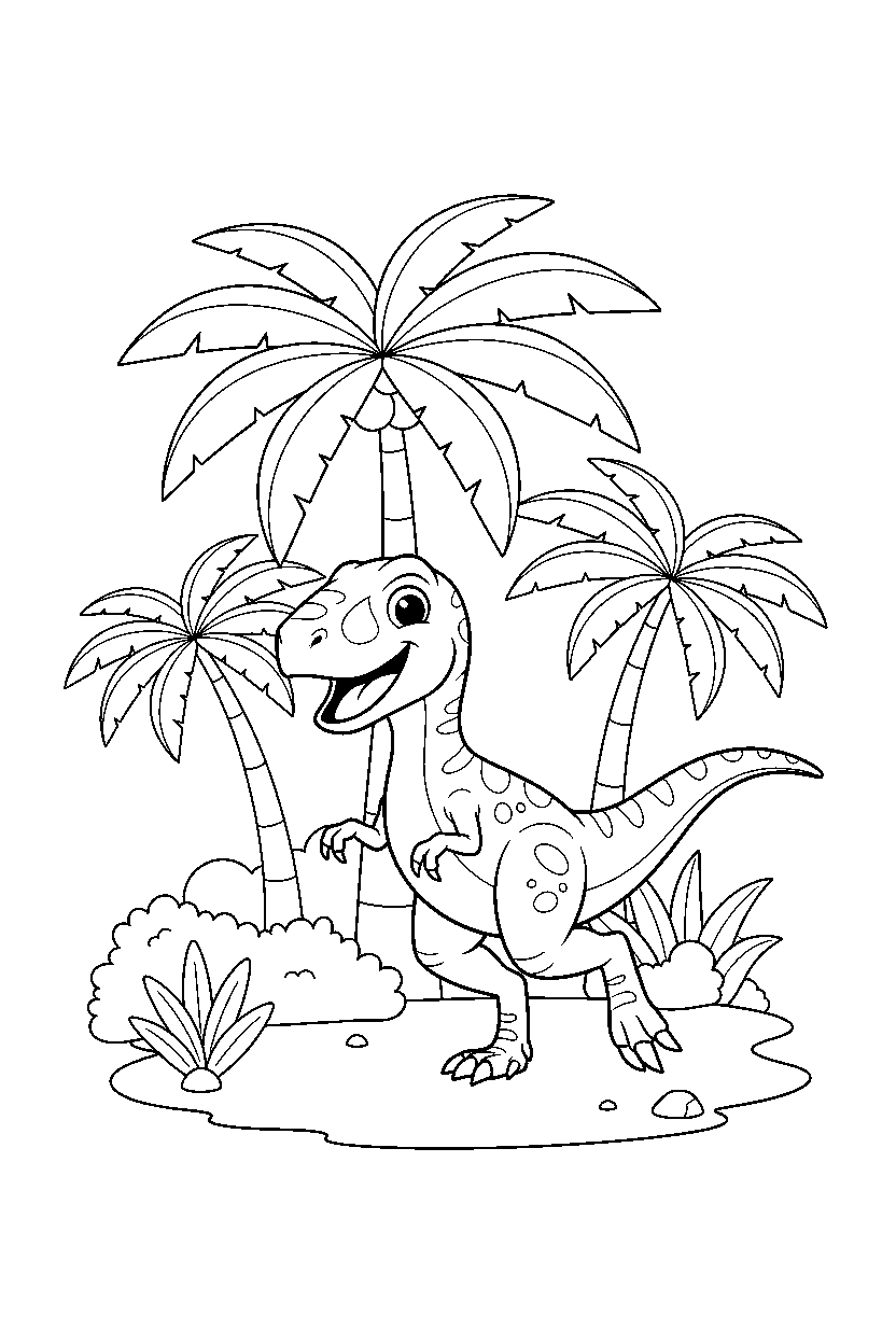 velociraptor playing happily in a palm grove line art