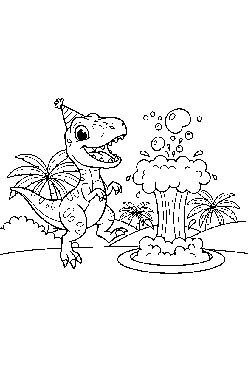 velociraptor playing happily near a bubbling geyser line art