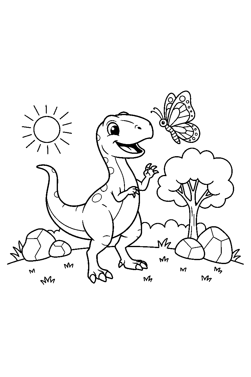 velociraptor playing happily near a grassy hill line art