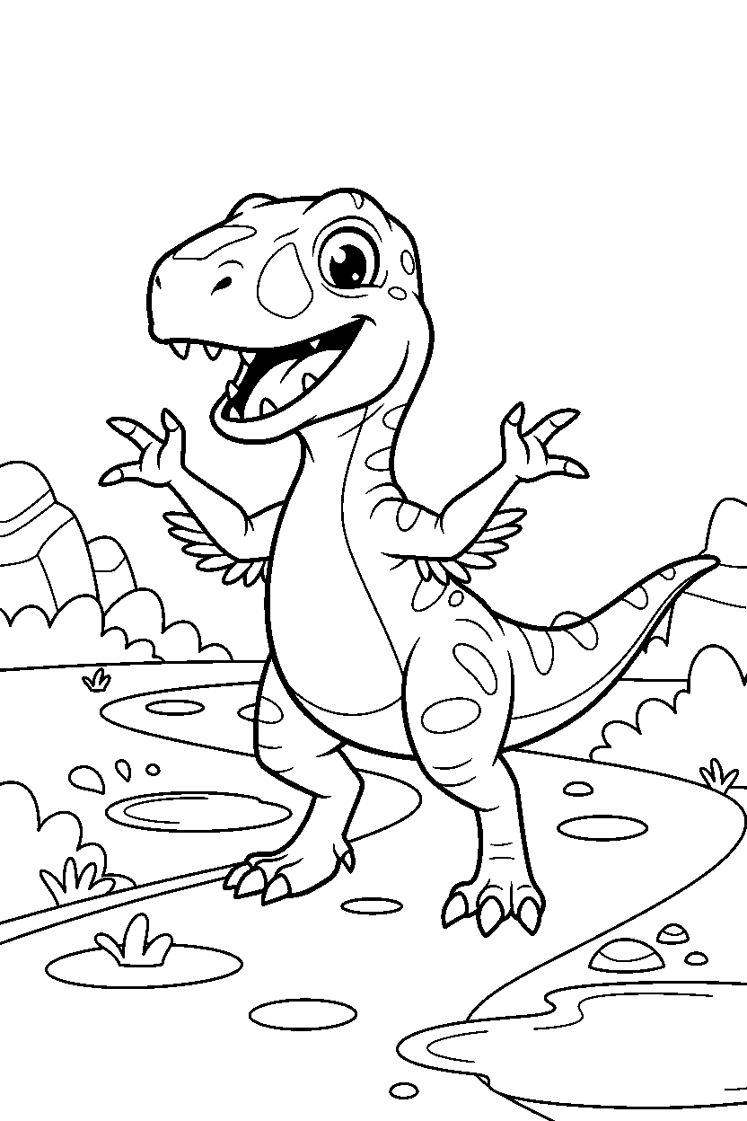 velociraptor posing happily on a muddy trail line art