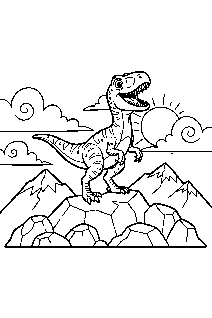 velociraptor roaring happily on a rocky mountain line art