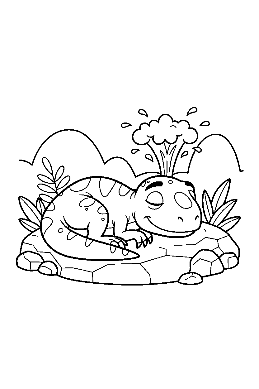 velociraptor sleeping peacefully near a bubbling geyser line art