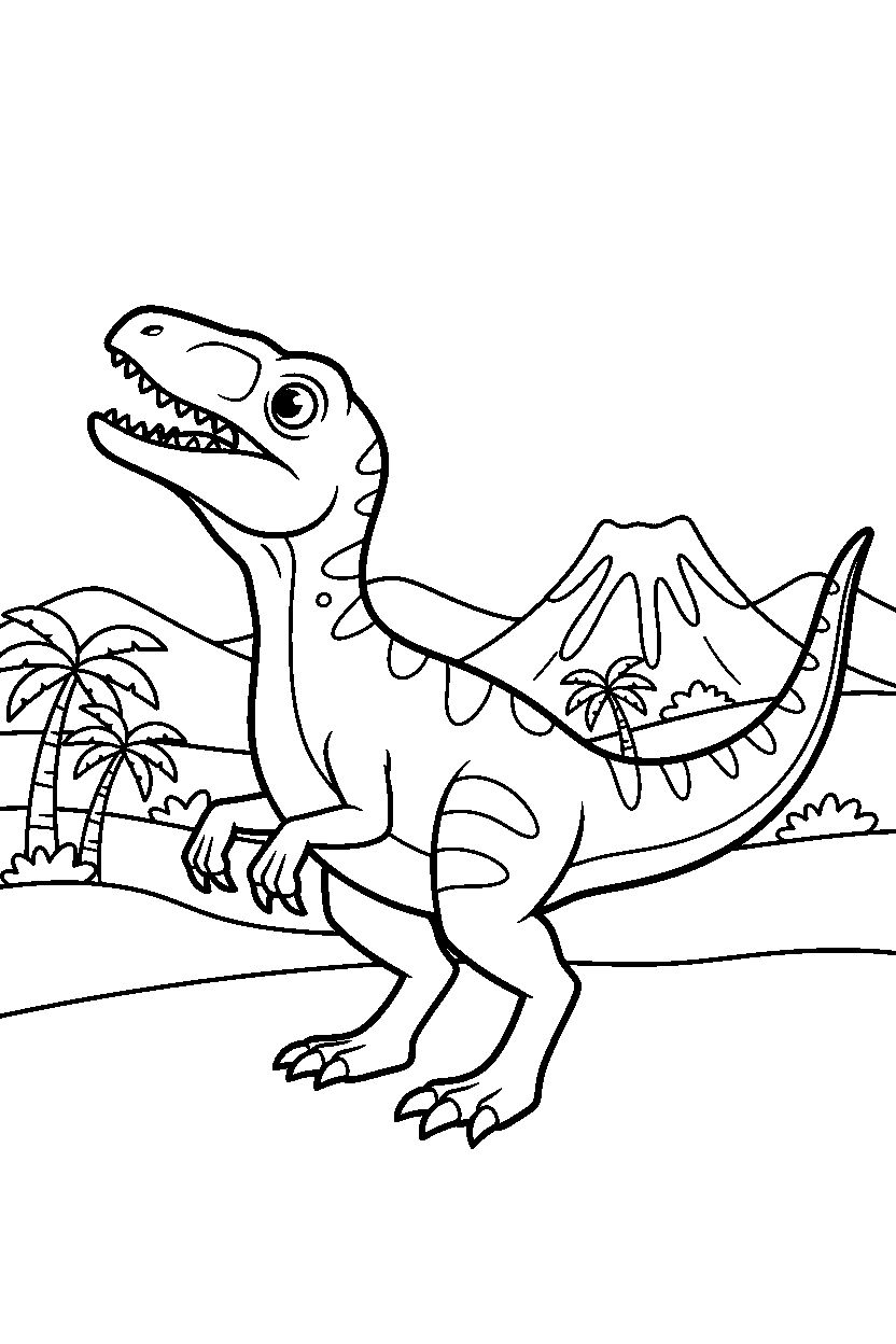velociraptor sniffing the air in a warm prehistoric valley line art