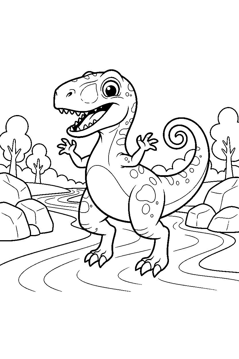 velociraptor spinning playfully by a river line art
