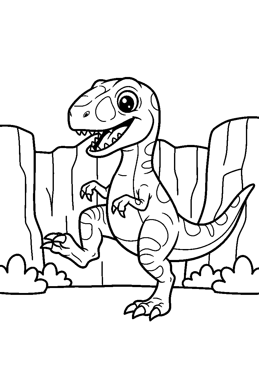 velociraptor stomping playfully near a rocky canyon line art