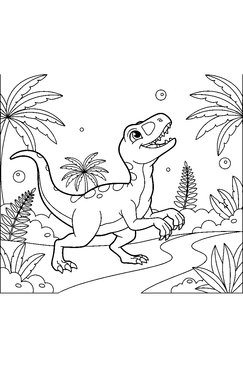 velociraptor stretching playfully on a jungle trail line art