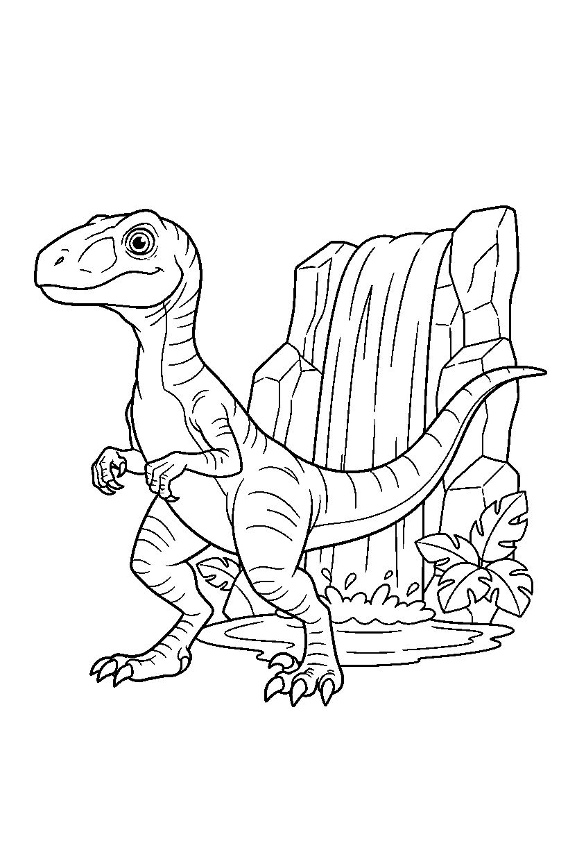 velociraptor walking proudly near a waterfall line art