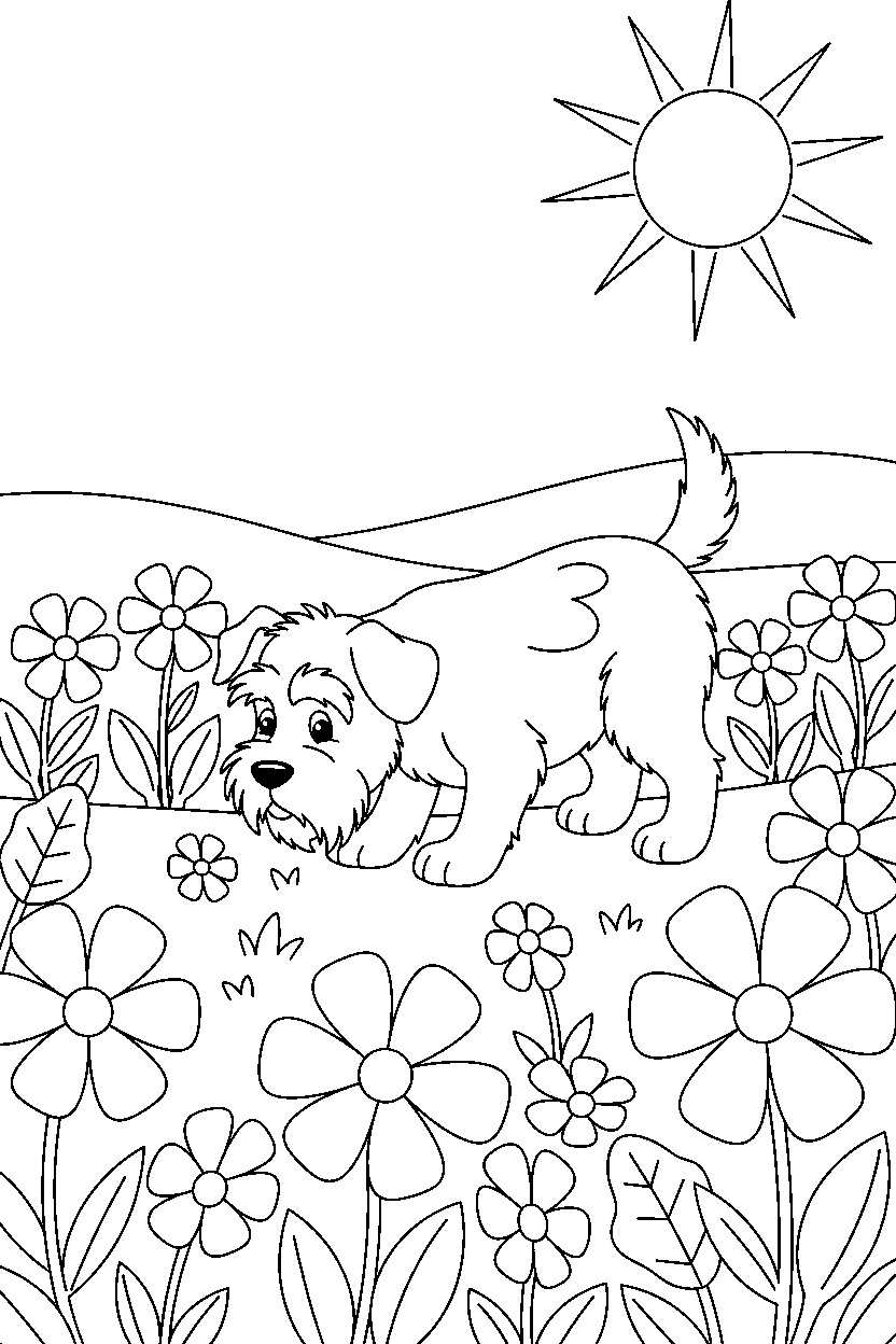 dog exploring curiously in a flower meadow line art
