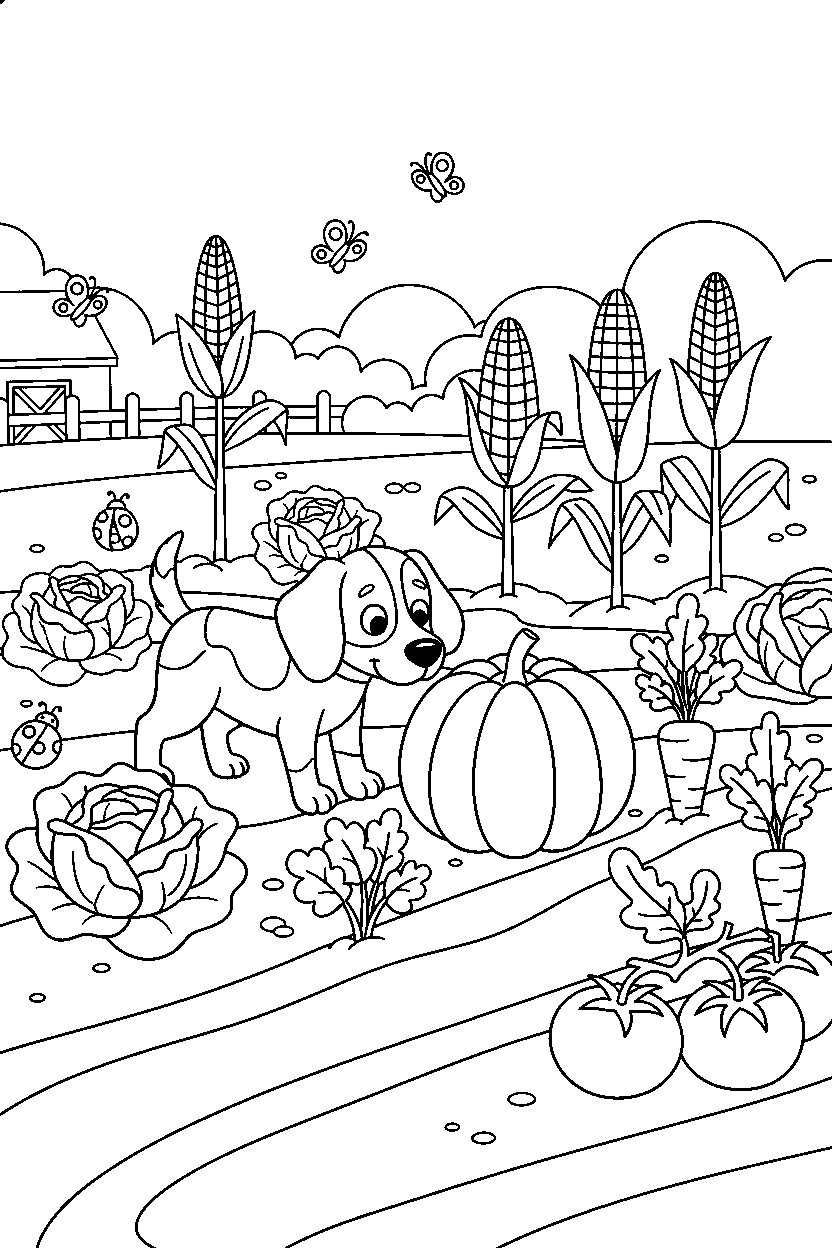 dog exploring curiously in a vegetable garden line art
