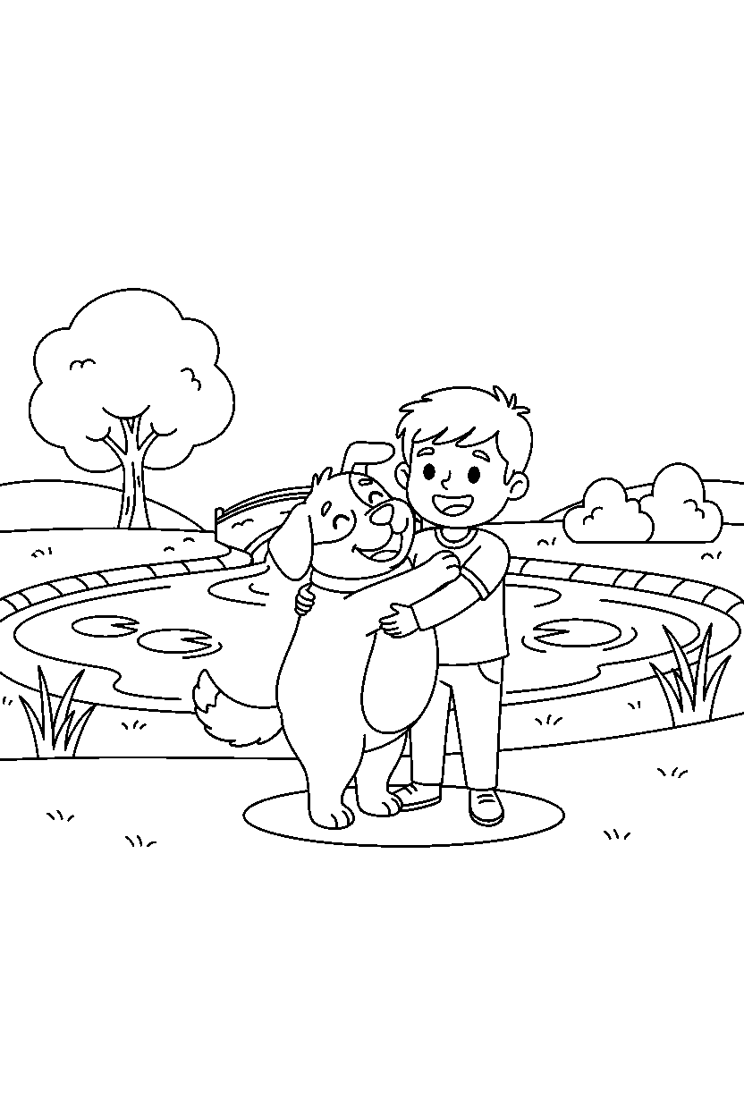dog hugging happily at a park pond line art