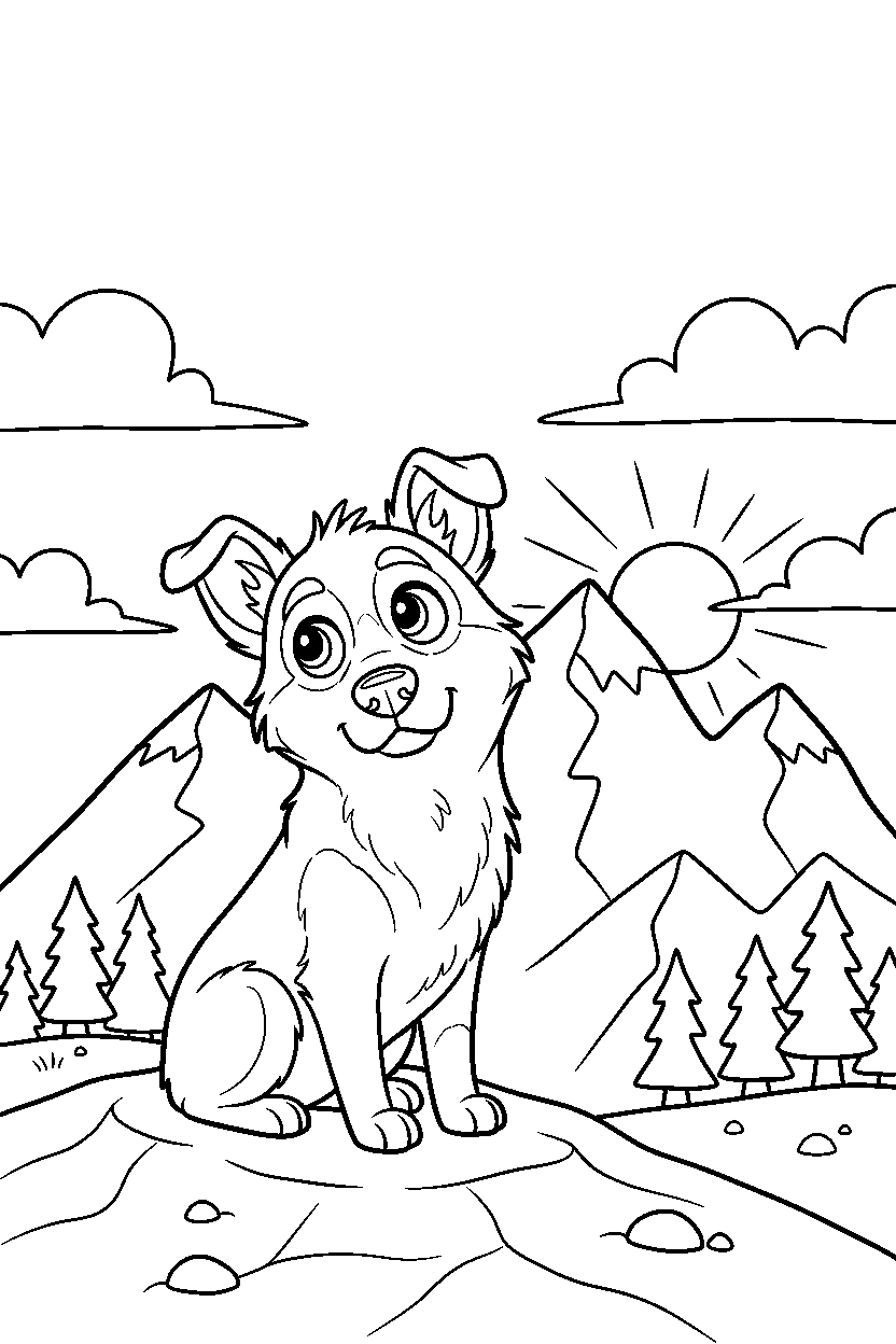 dog looking curious in the mountains line art