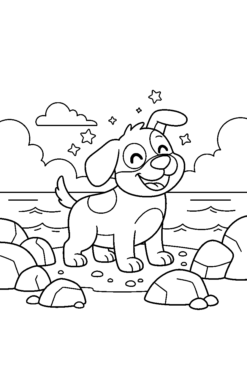 dog looking happy on a rocky shore line art
