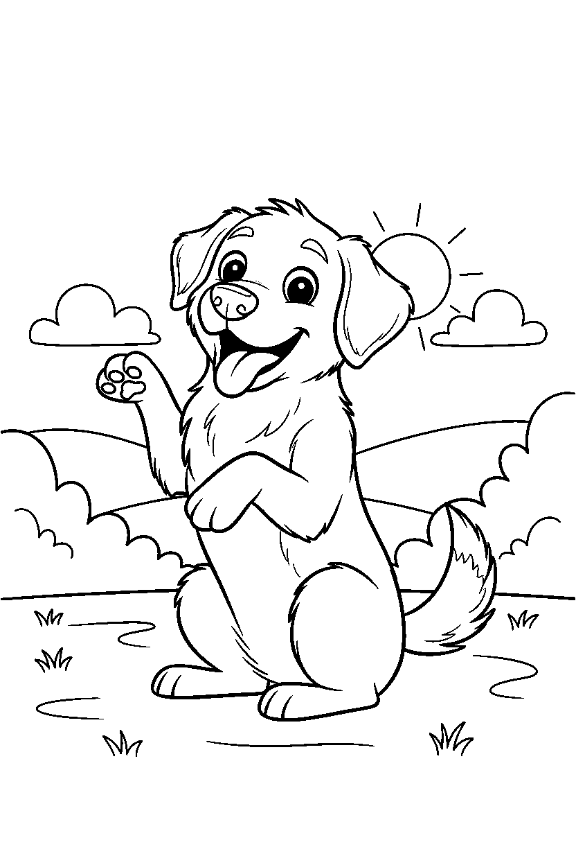 dog posing happily in an open field line art