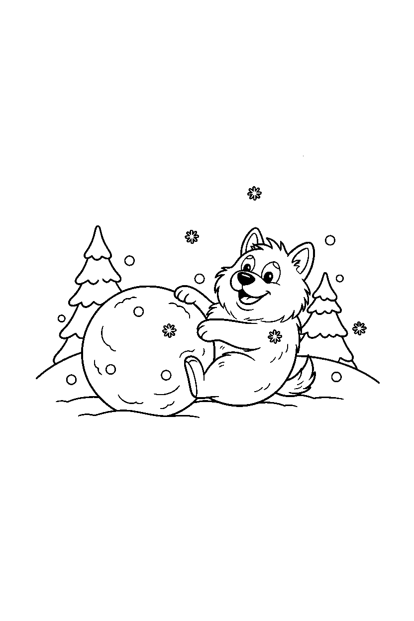 dog rolling a ball in the snow line art