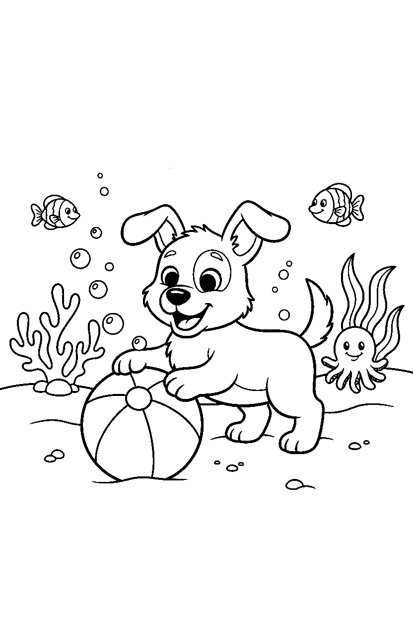 dog rolling a ball under the sea line art