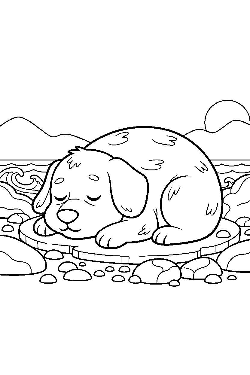 dog sleeping peacefully on a rocky shore line art