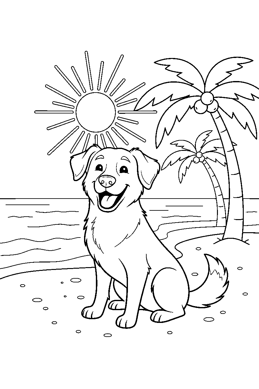 dog smiling happily on an ocean beach line art
