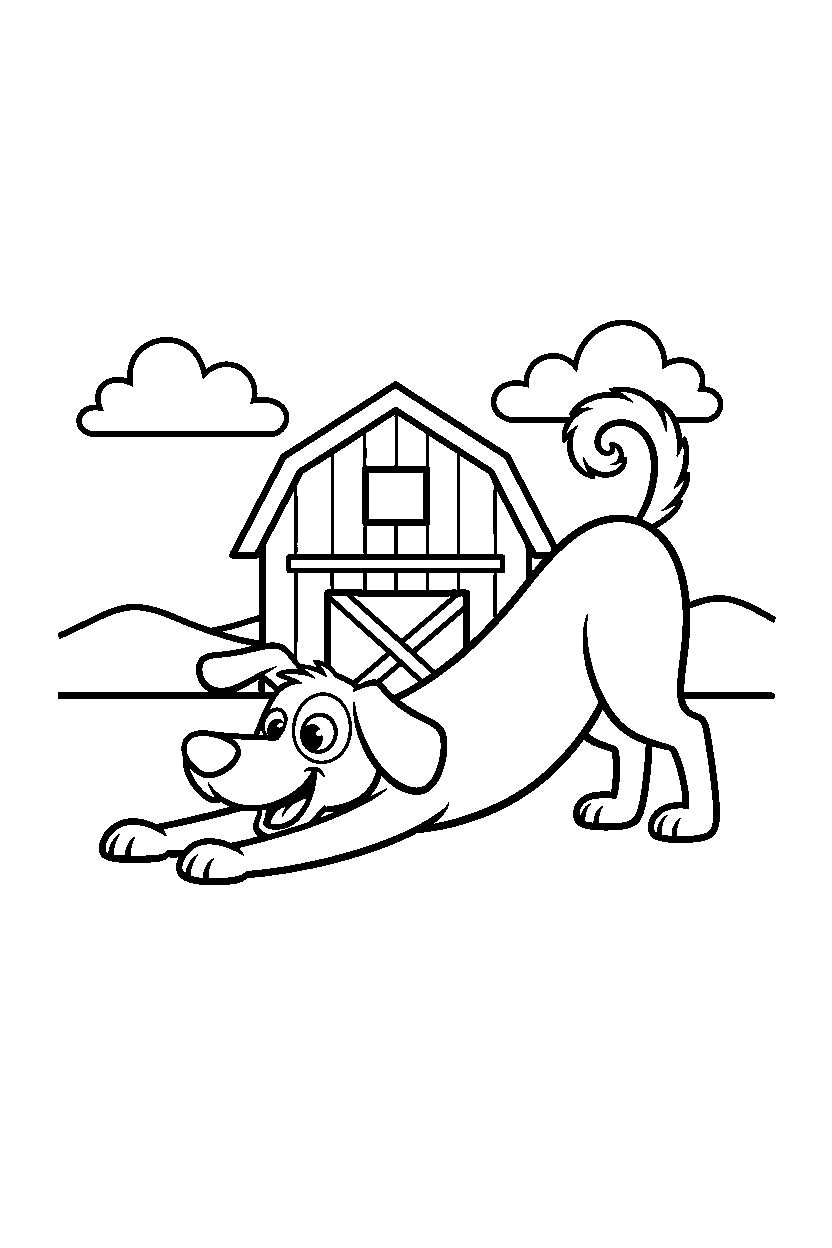 dog stretching playfully near a barn line art