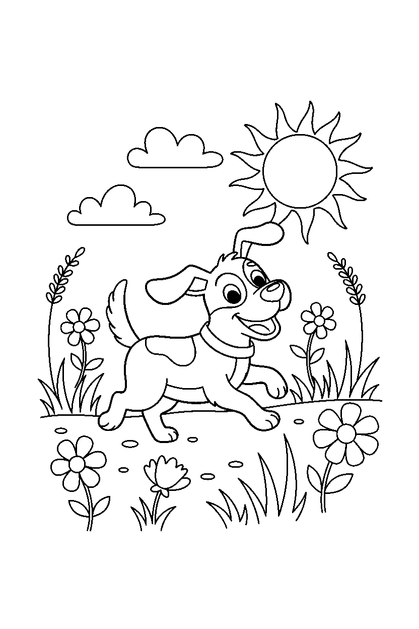 dog walking happily in a sunny meadow line art