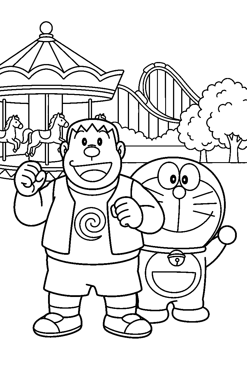 doraemon gian in amusement park line art