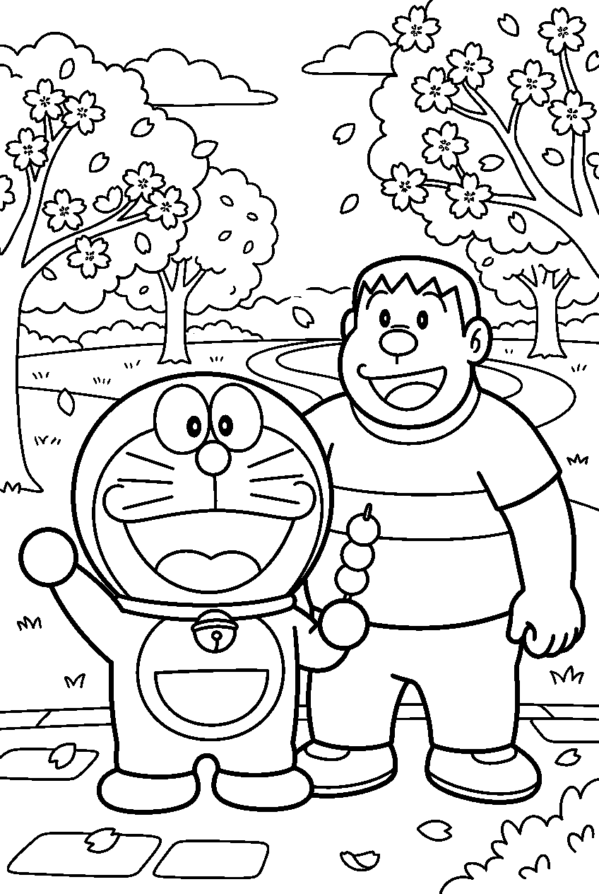 doraemon gian in cherry blossom park line art