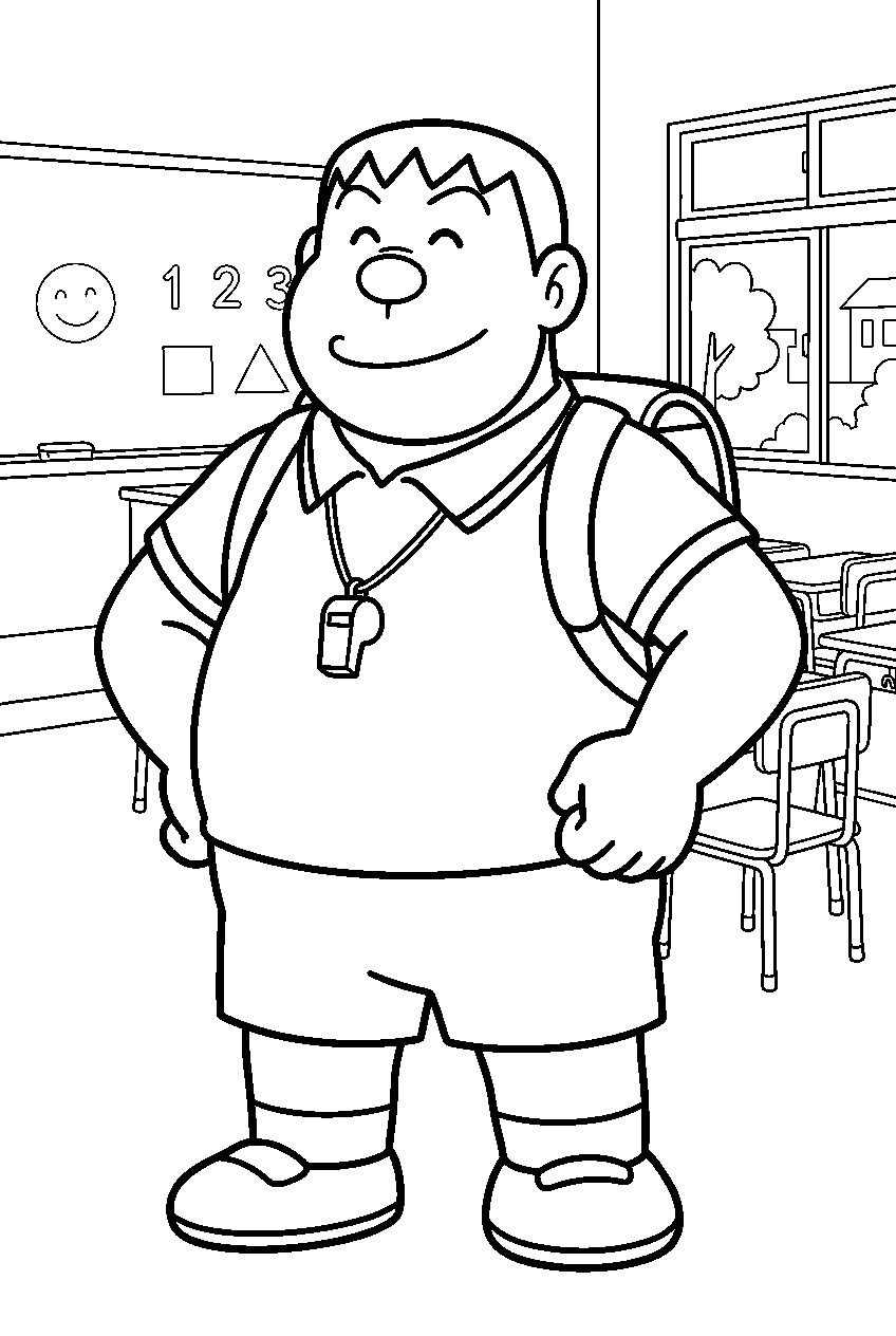 doraemon gian in school classroom line art