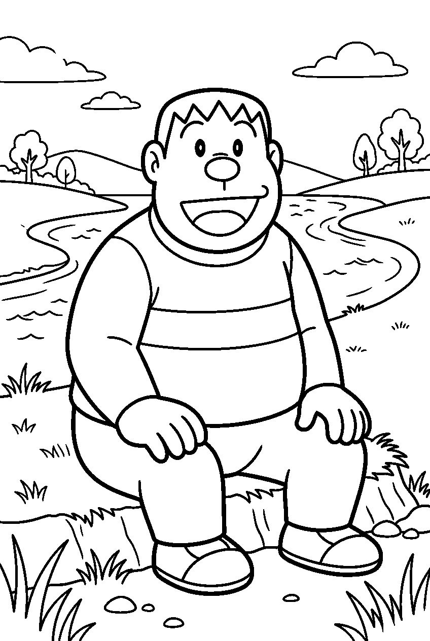 doraemon gian on riverbank line art