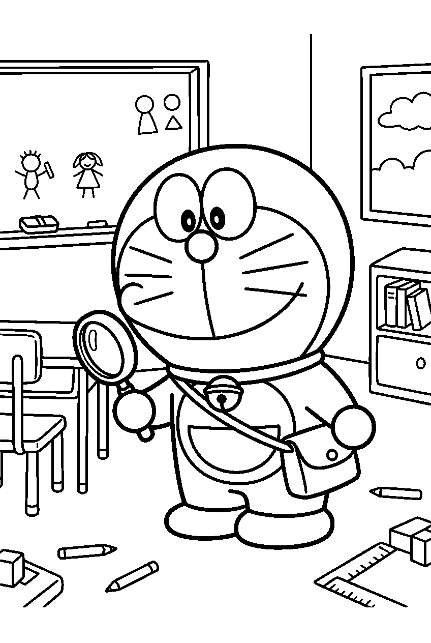 doraemon exploring in classroom line art