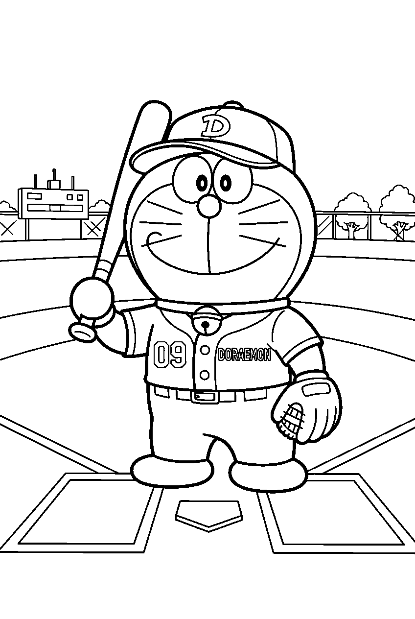 doraemon in baseball field line art