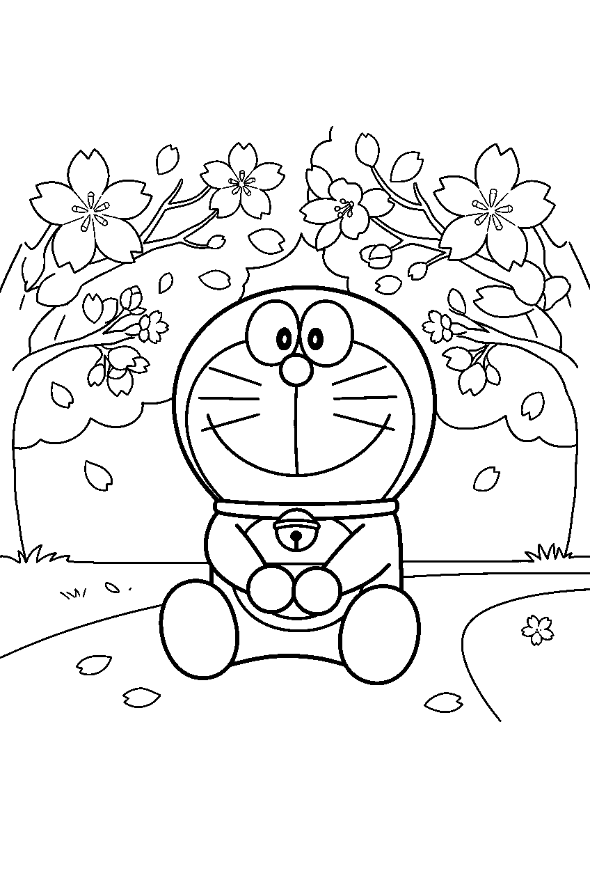 doraemon in cherry blossom park line art