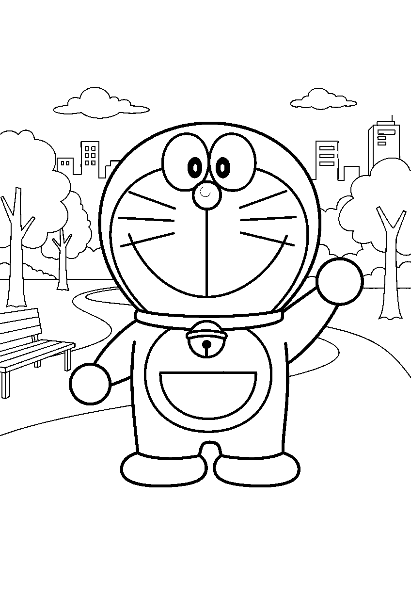 doraemon in city park line art