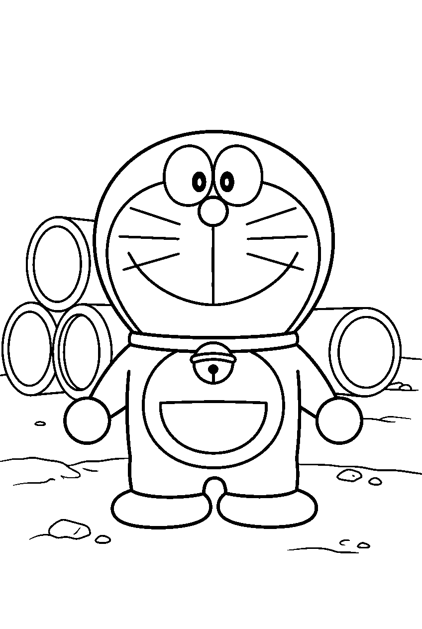 doraemon in empty lot with concrete pipes line art
