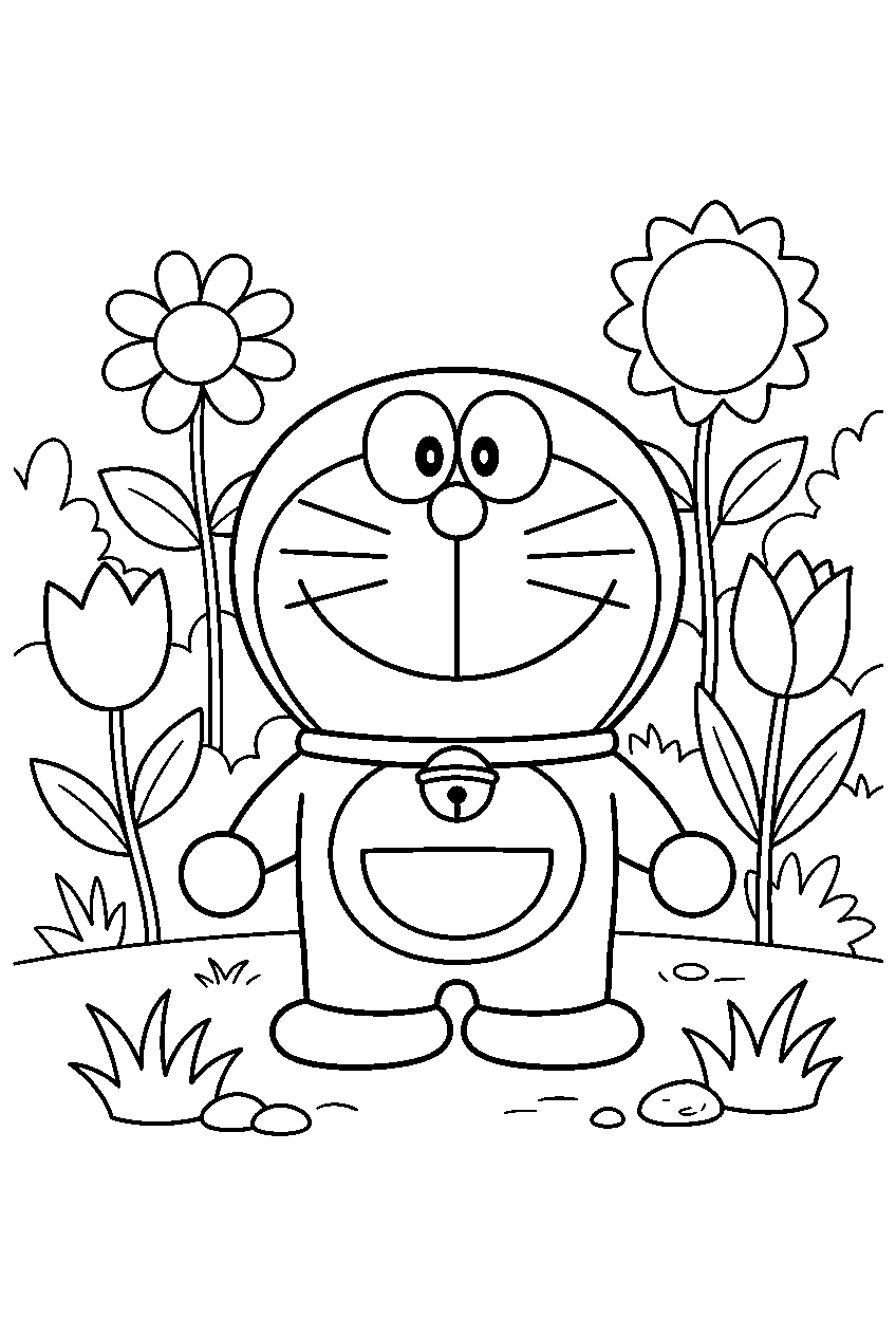 doraemon in flower garden line art