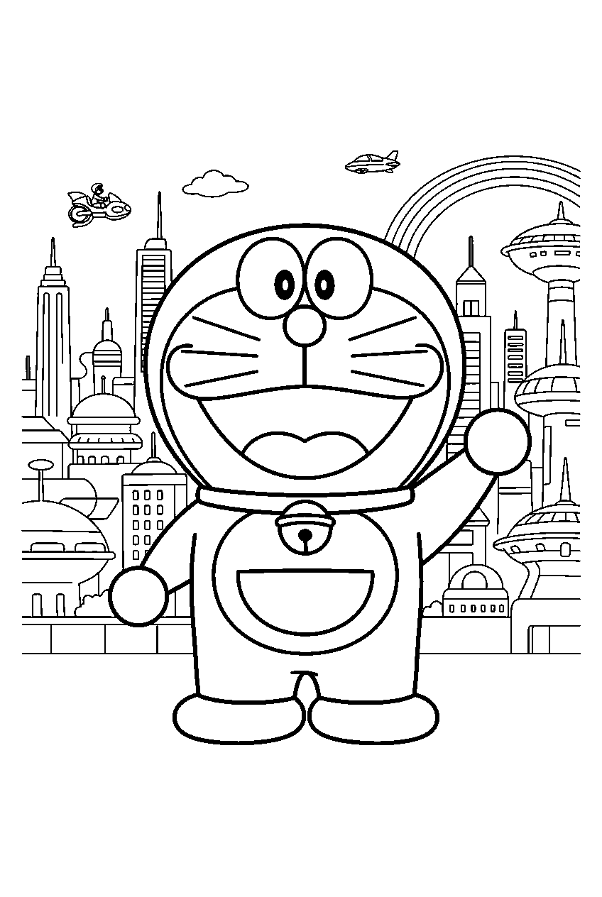 doraemon in future city line art