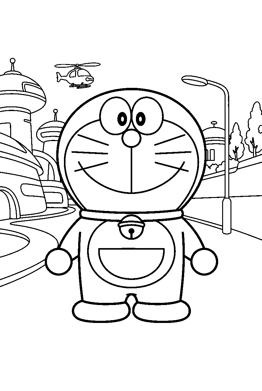 doraemon in futuristic neighborhood line art