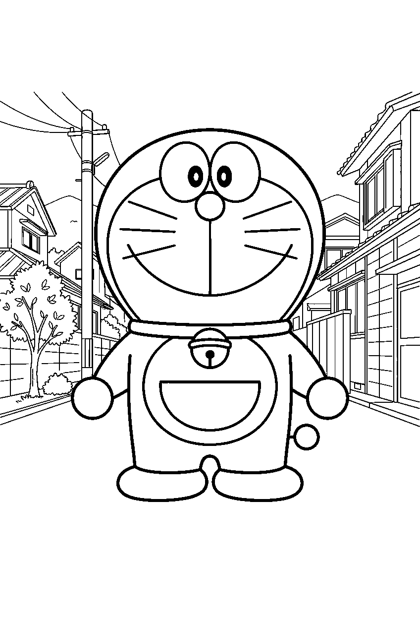 doraemon in japanese neighborhood line art