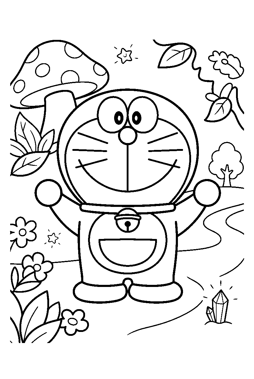 doraemon in magical forest line art