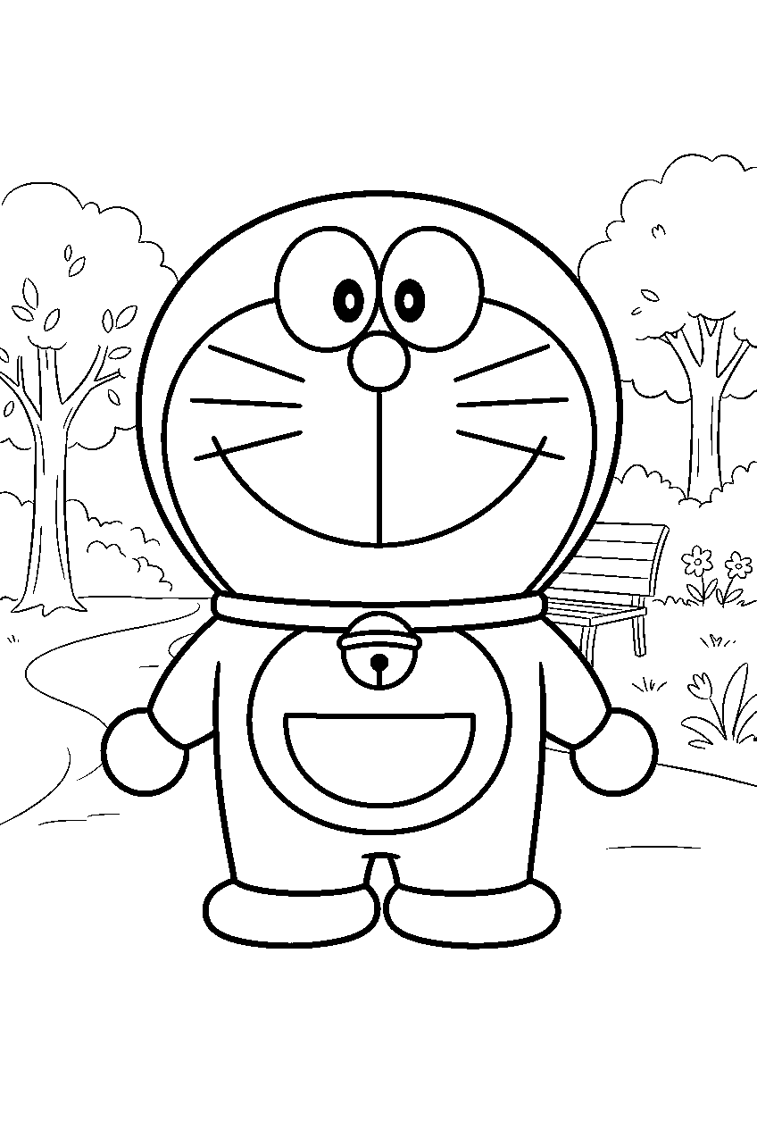 doraemon in neighborhood park line art